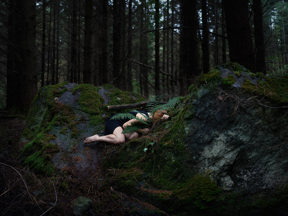 Обнаженная прелестница лежит на поваленном дереве в лесу